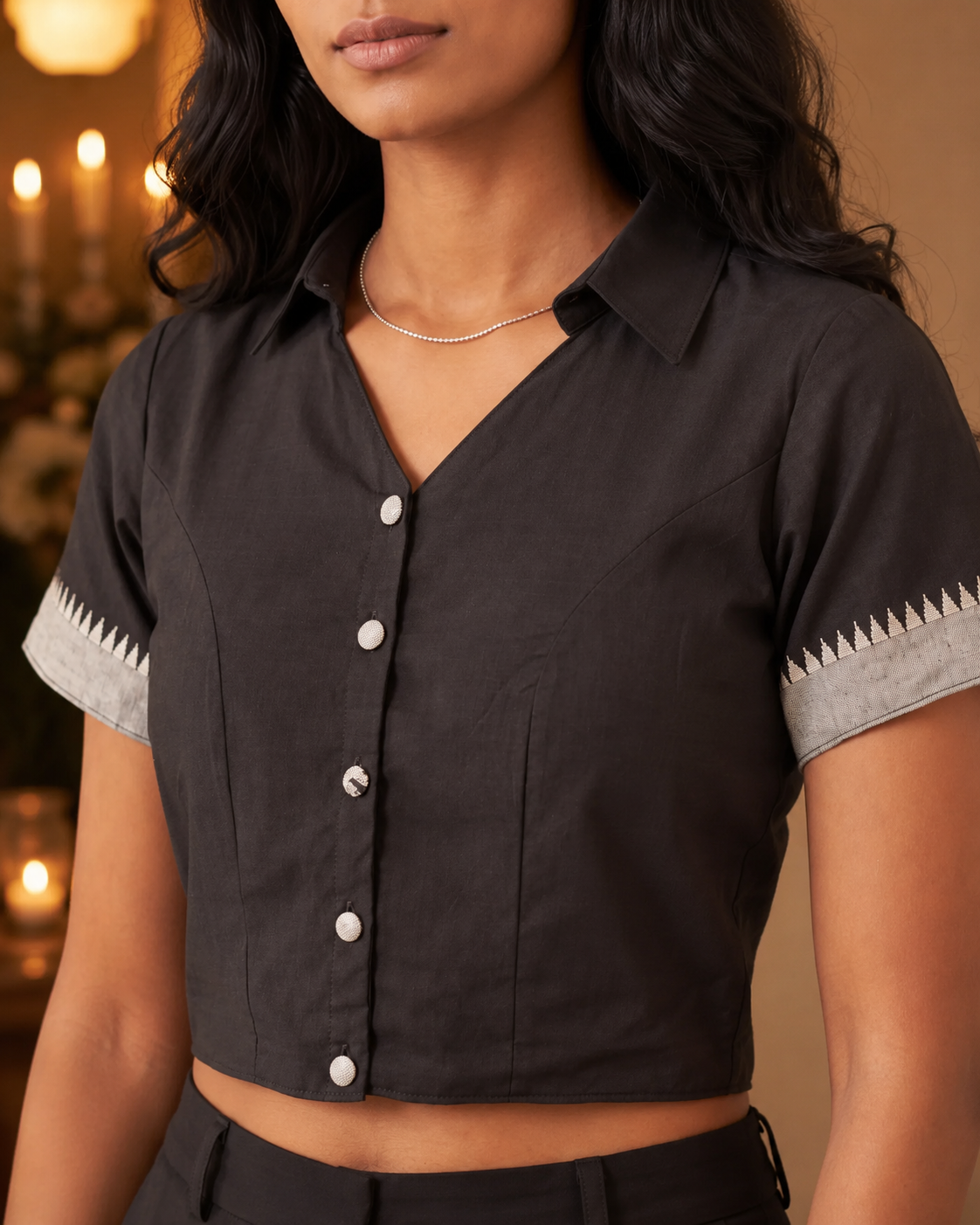 Black Mangalagiri cotton button-up saree blouse with contrast woven border - view 7
