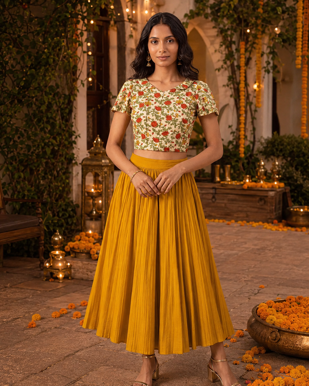 Red floral saree blouse with cape sleeves, front zip and lace-up back - view 9