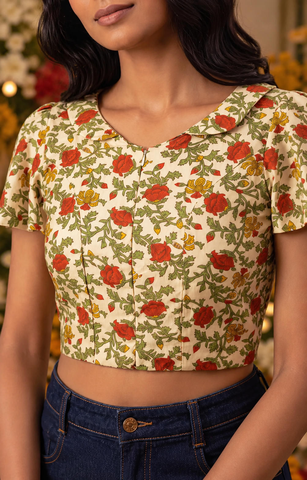 Floral Front-Zip Red Bloom Duality Wear Top