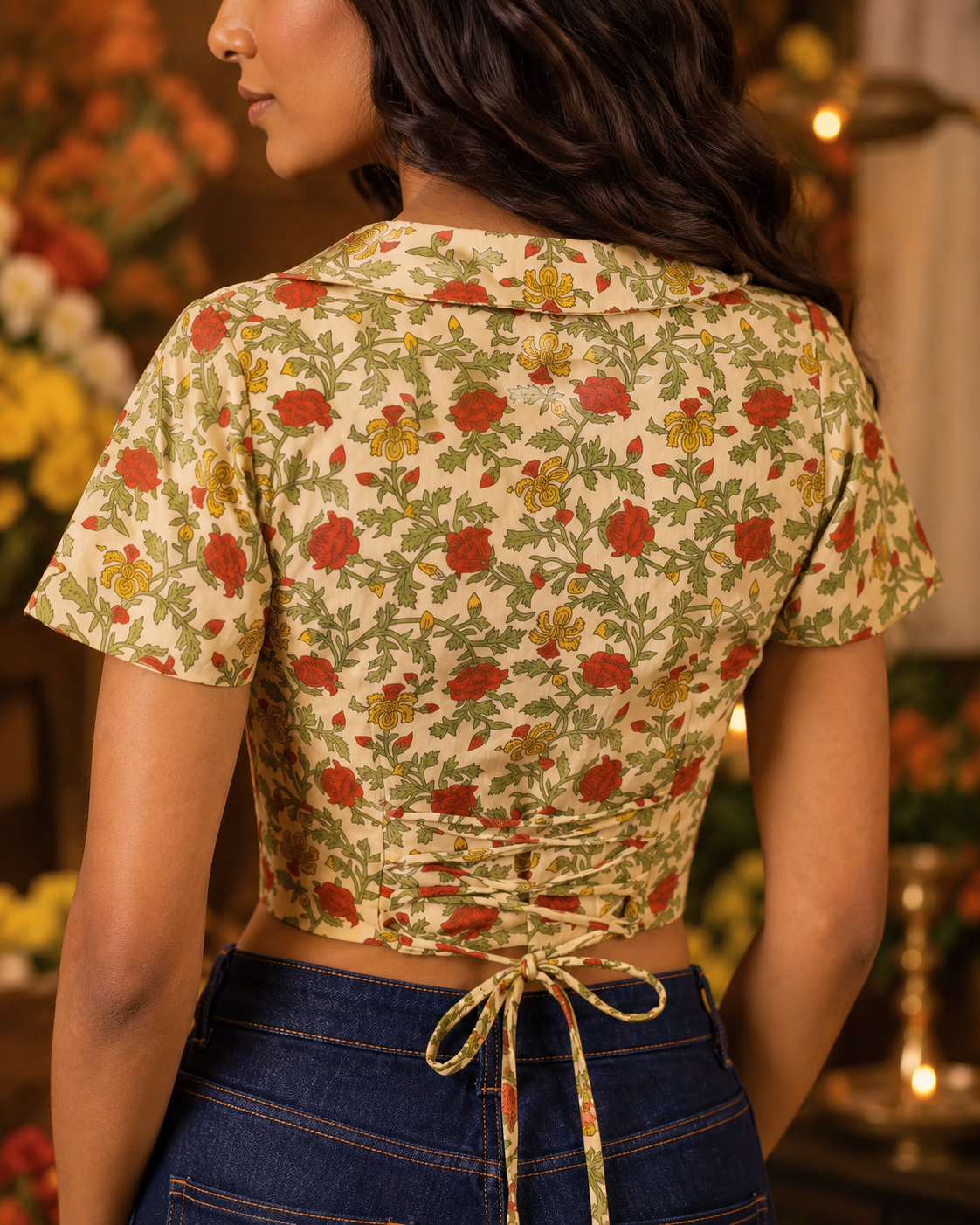 Red floral saree blouse with cape sleeves, front zip and lace-up back - view 6