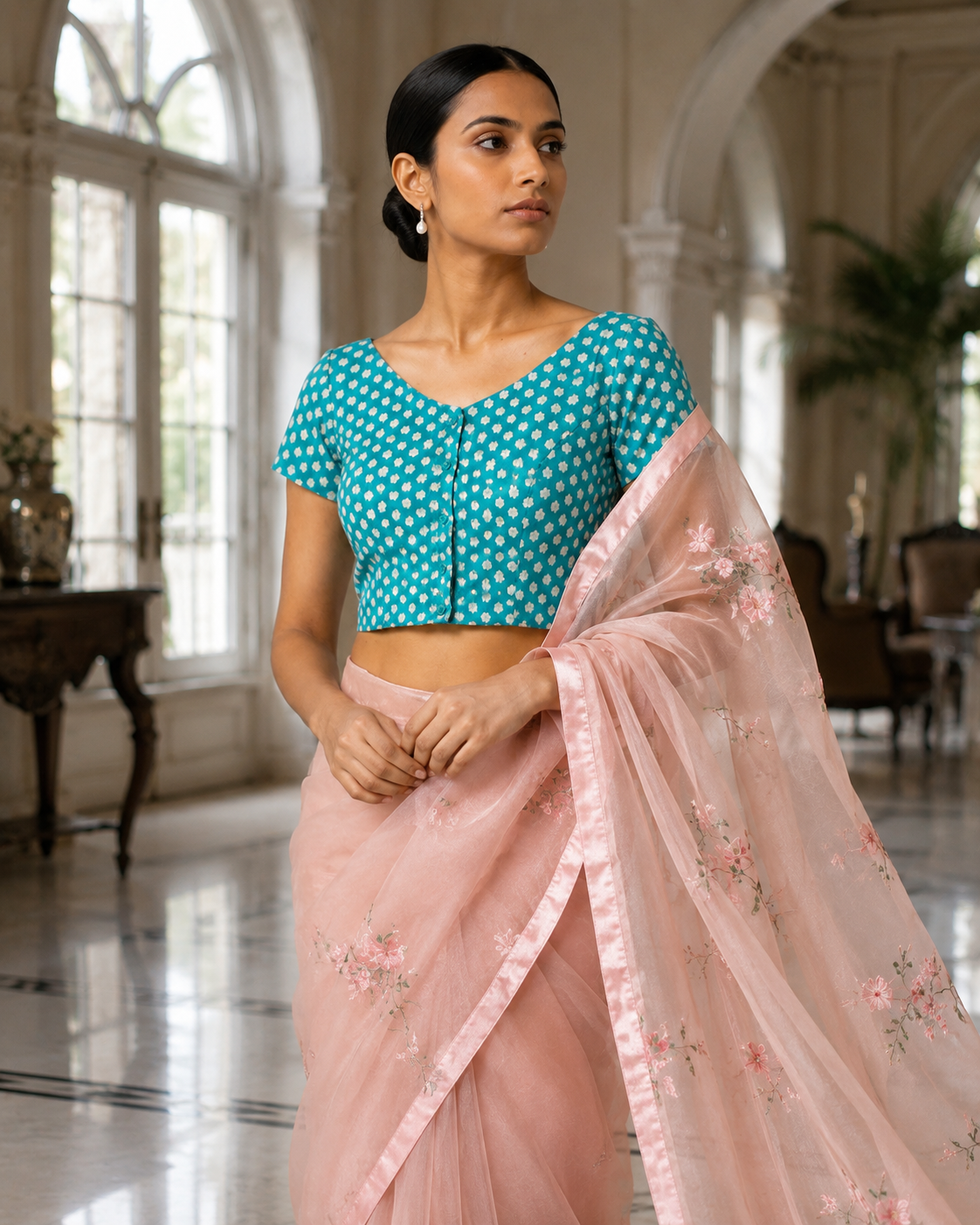 Aqua Blossom Duality Button-Up Blouse
