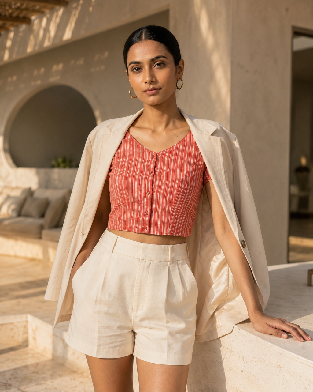 Coral Stripe Duality Button-Up Blouse