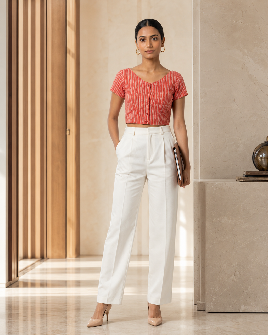 Coral Stripe Duality Button-Up Blouse