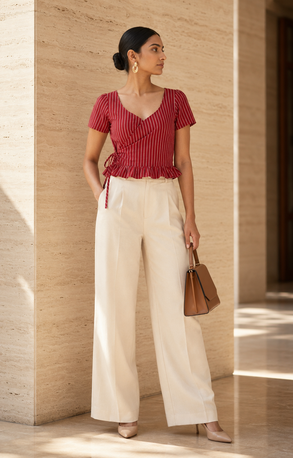 Crimson Pinstripe Wrap Duality Wear Top