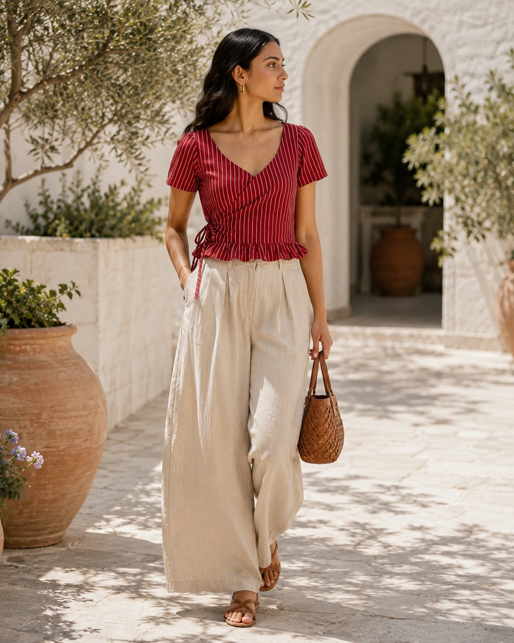 Crimson Pinstripe Wrap Duality Wear Top