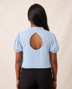 Powder blue butta saree blouse with mandarin collar and puff sleeves - view 2