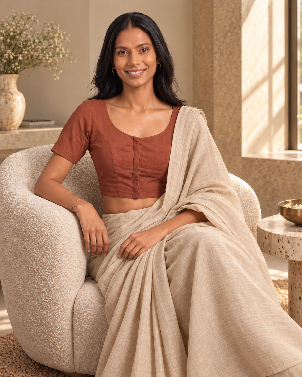 Terracotta front-hook saree blouse worn with a beige linen saree, seated on a sofa