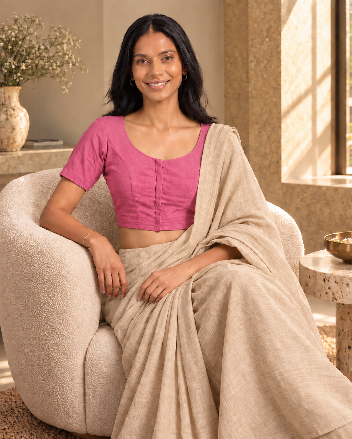 Rose pink front-hook saree blouse worn with a beige saree, seated on a cream boucle armchair