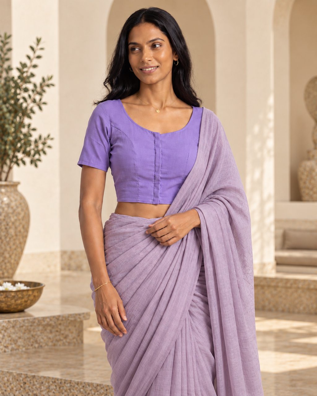 Lavender front-hook saree blouse worn with a matching lavender saree and necklace, smiling indoors near pillars