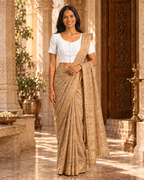 Classic white front-hook saree blouse worn with a gold-bordered beige saree, standing indoors near ornate pillars