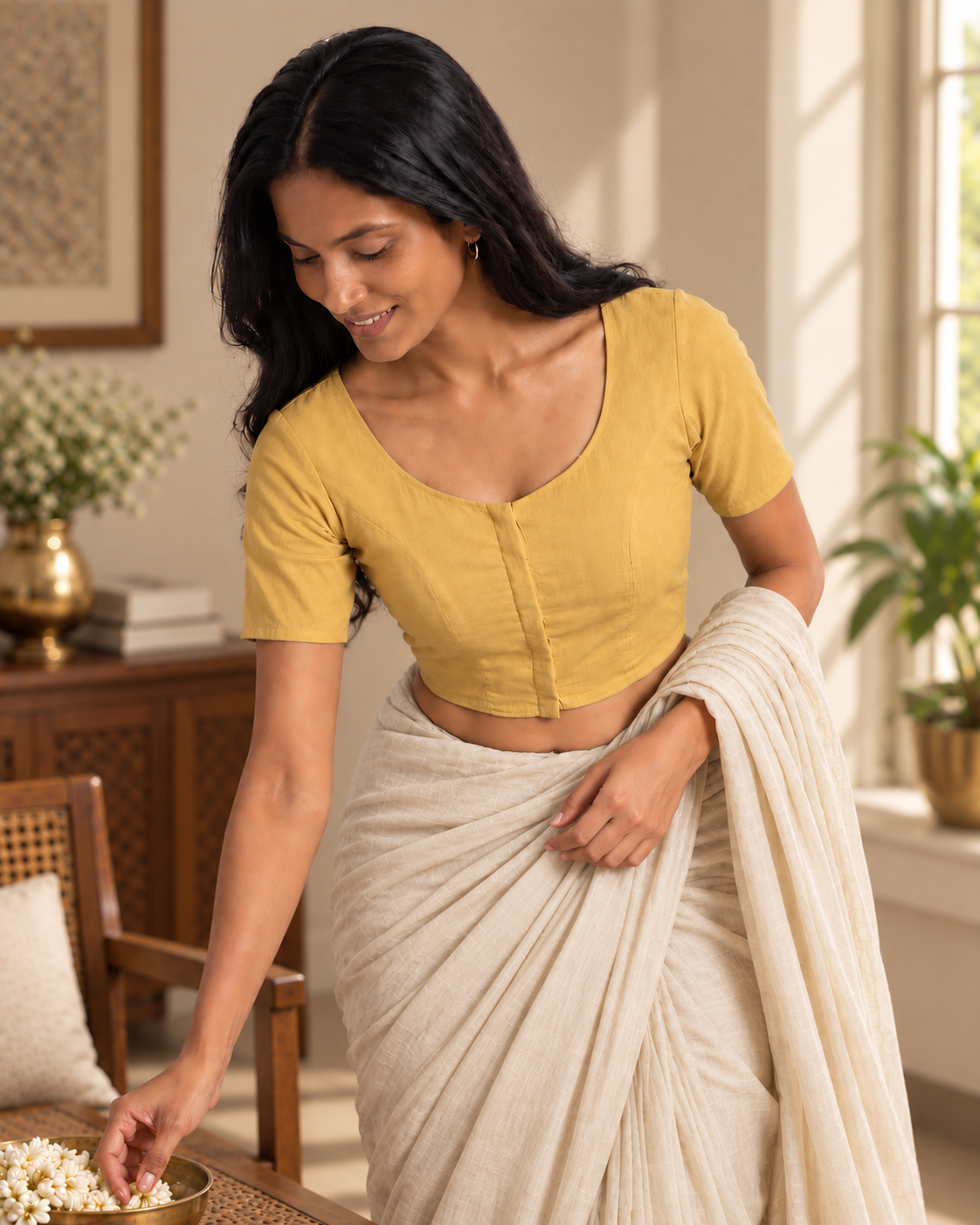 Marigold Glow front-hook saree blouse worn with a grey saree, adjusting the pallu indoors