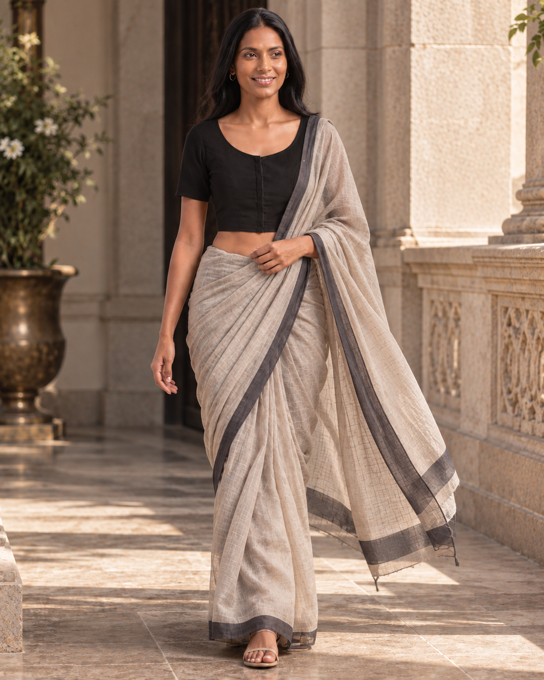 Classic black front-hook saree blouse worn with a grey-bordered beige saree, walking through an outdoor stone colonnade