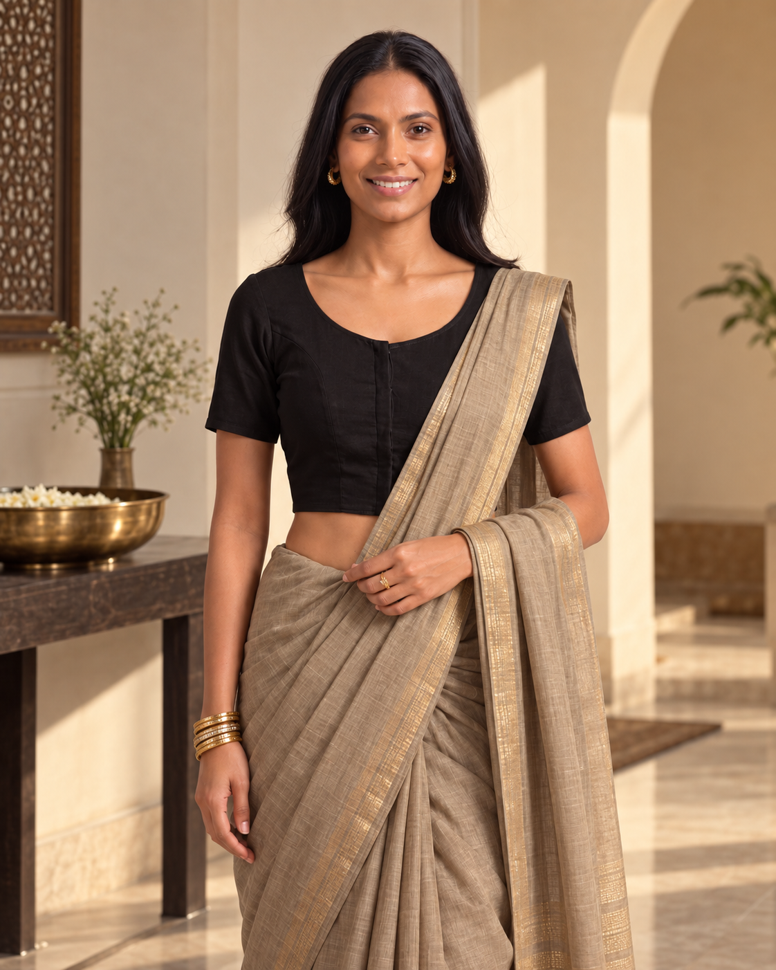 Classic black front-hook saree blouse worn with a gold-bordered beige saree, standing beside a console table with a brass bowl