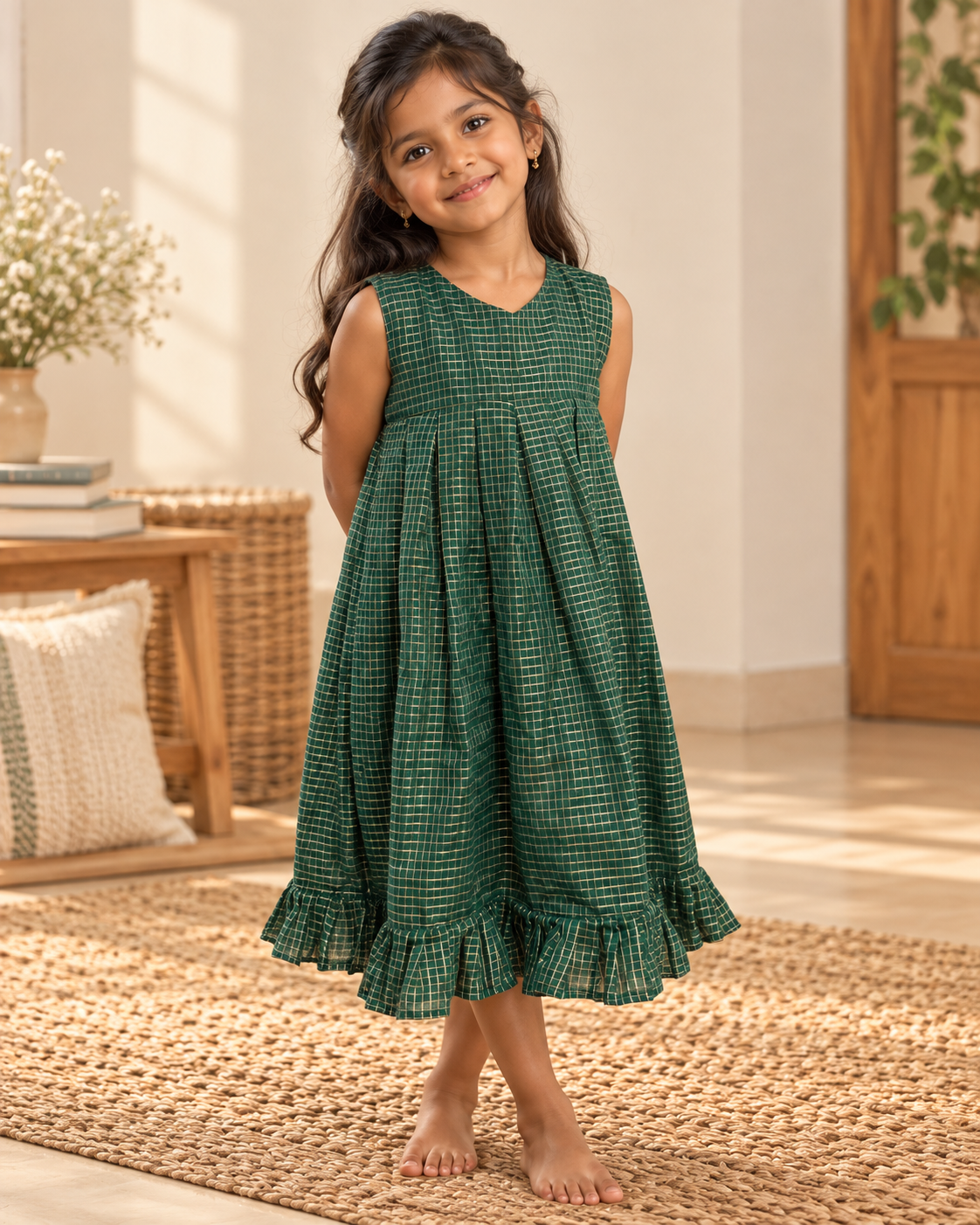 Little Emerald Check Pleats Dress