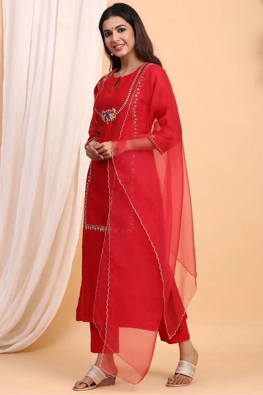 Red Roman Silk 3pc Suit Set with Embroidered Peacock Motif & Netted Dupatta