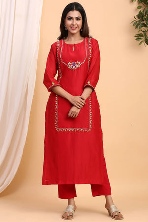 Red Roman Silk 3pc Suit Set with Embroidered Peacock Motif & Netted Dupatta