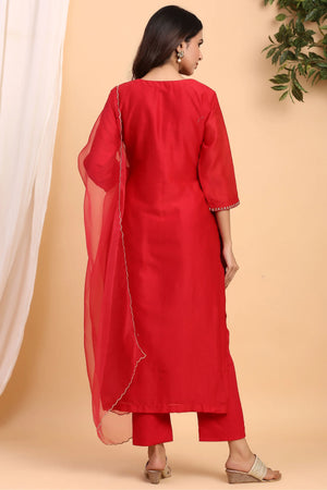 Red Roman Silk 3pc Suit Set with Embroidered Peacock Motif & Netted Dupatta