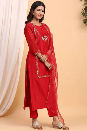 Red Roman Silk 3pc Suit Set with Embroidered Peacock Motif & Netted Dupatta