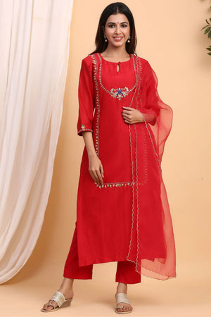 Red Roman Silk 3pc Suit Set with Embroidered Peacock Motif & Netted Dupatta