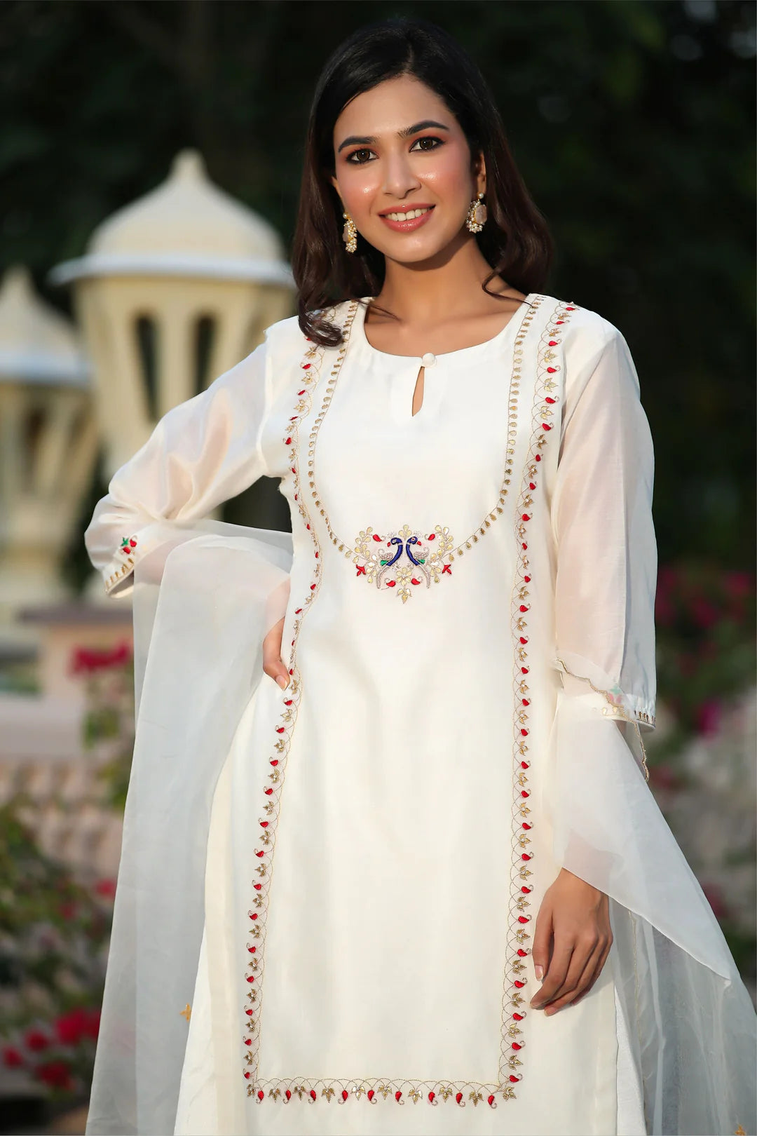 White Roman Silk 3pc Suit Set with Embroidered Peacock Motif & Netted Dupatta