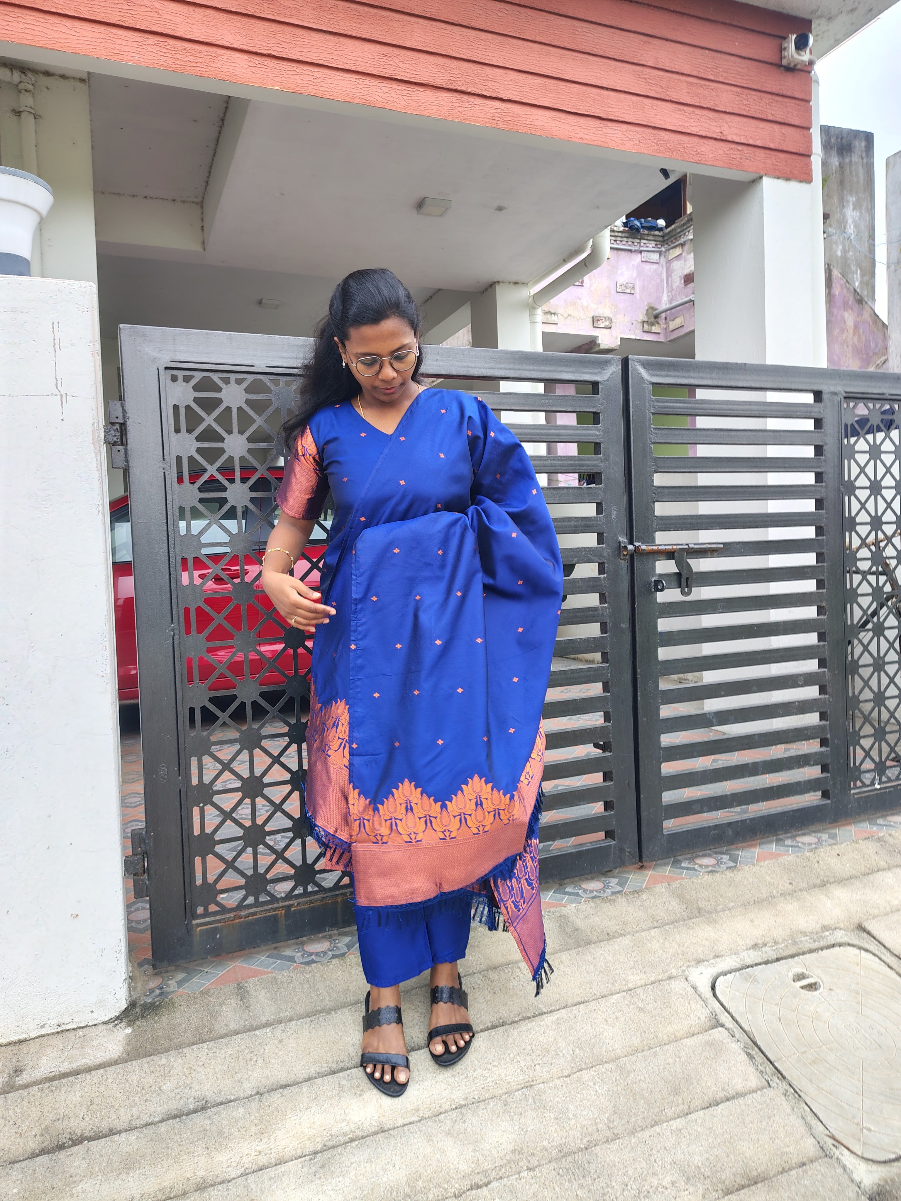 Navy Blue Silk Blended 3 Piece Suit Set