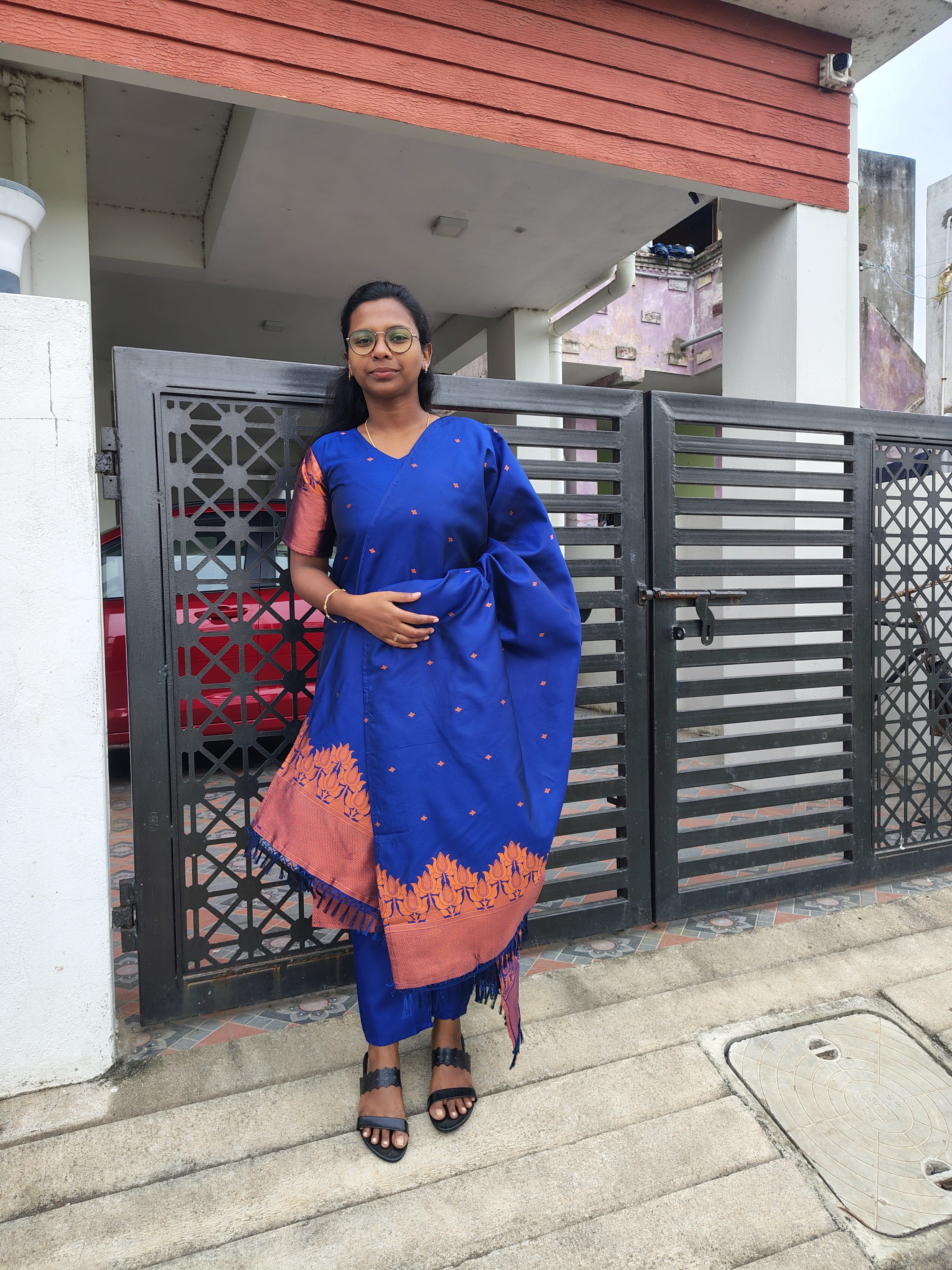 Navy Blue Silk Blended 3 Piece Suit Set