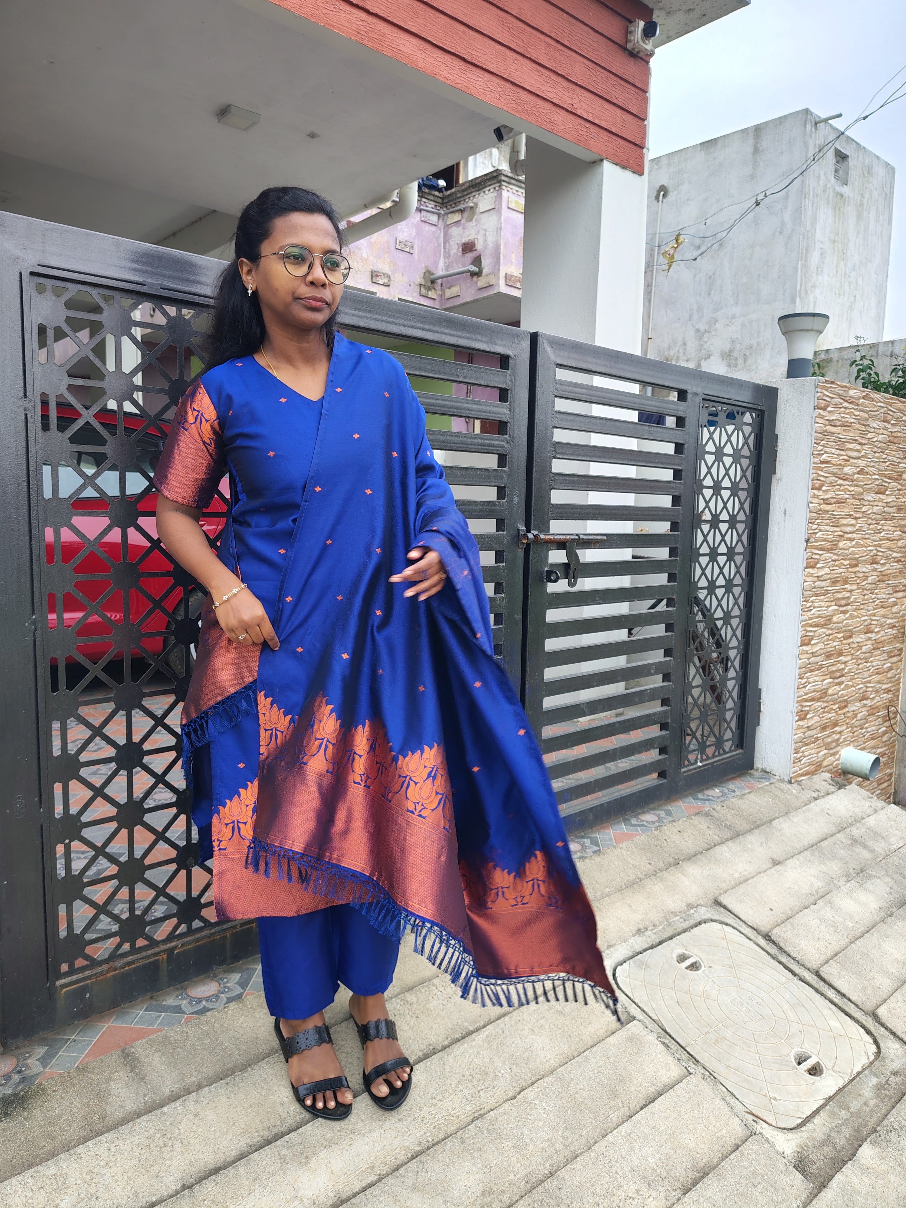 Navy Blue Silk Blended 3 Piece Suit Set