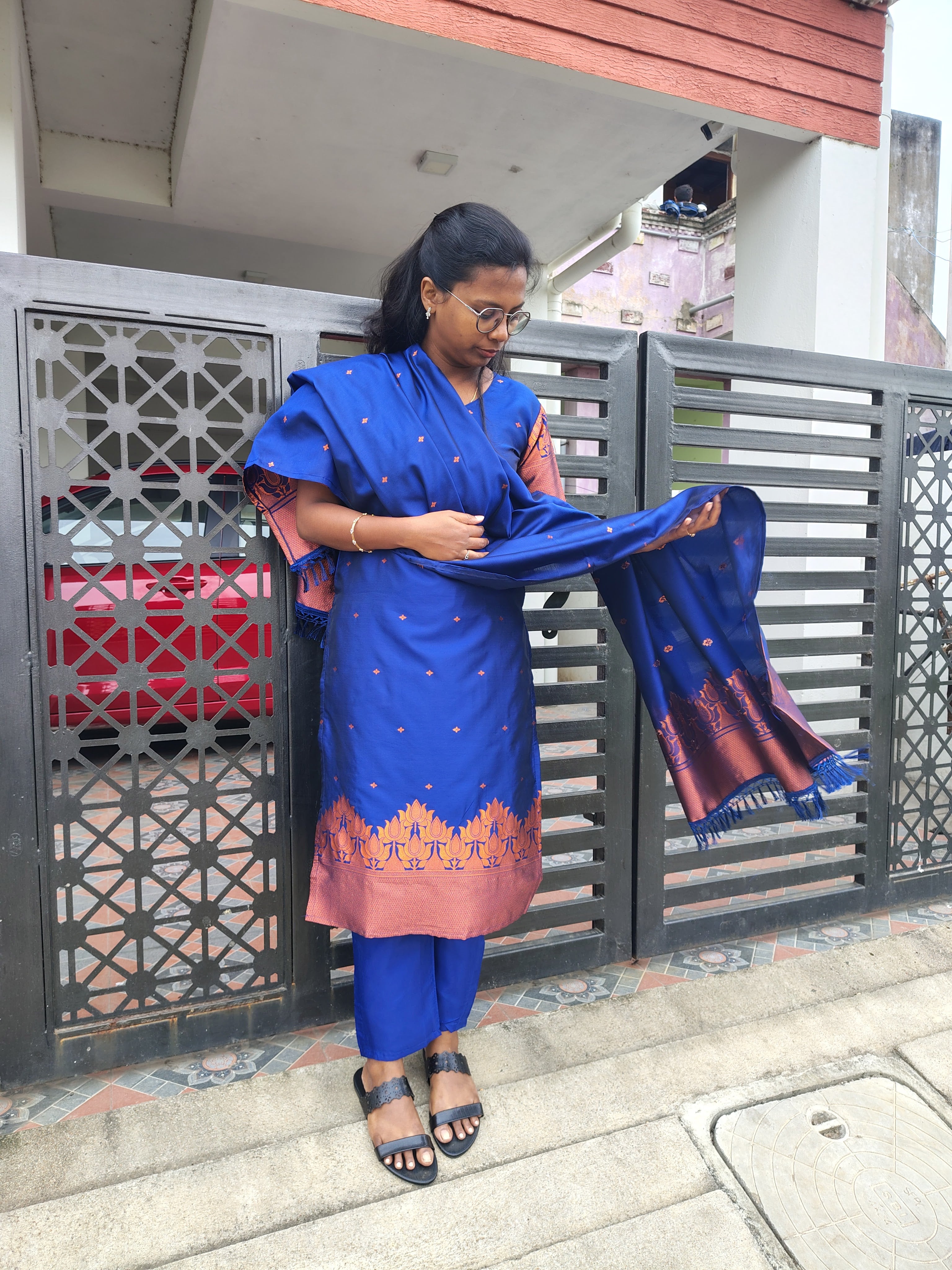 Navy Blue Silk Blended 3 Piece Suit Set