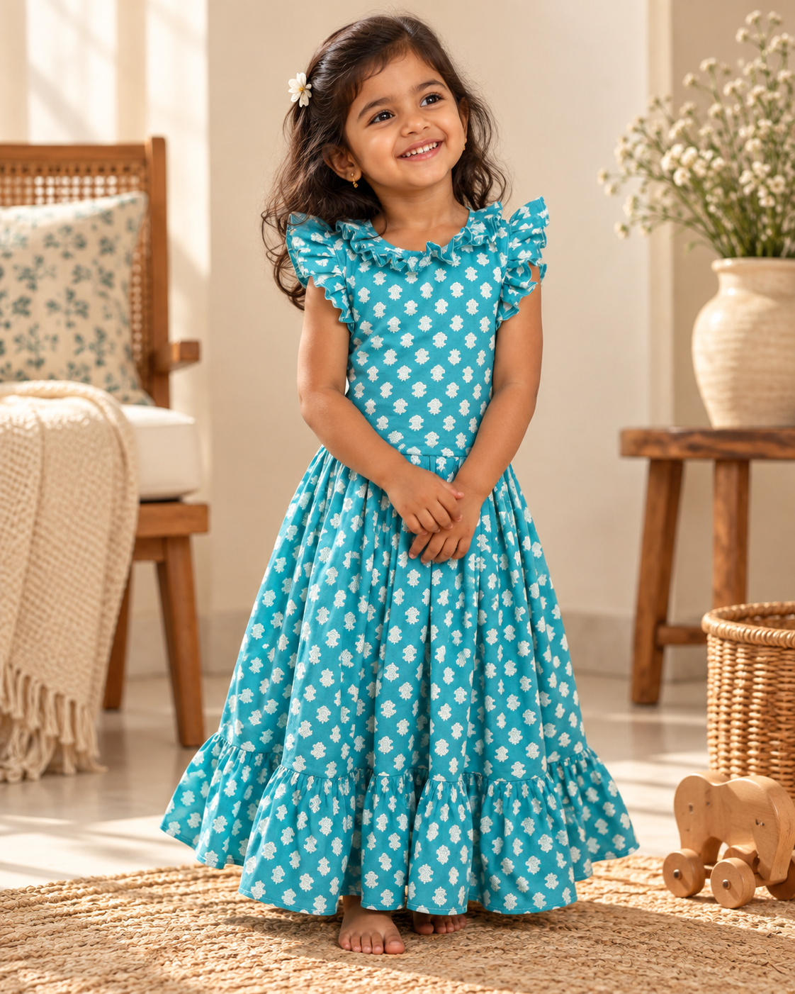 Little Teal Floral Ruffle Dress