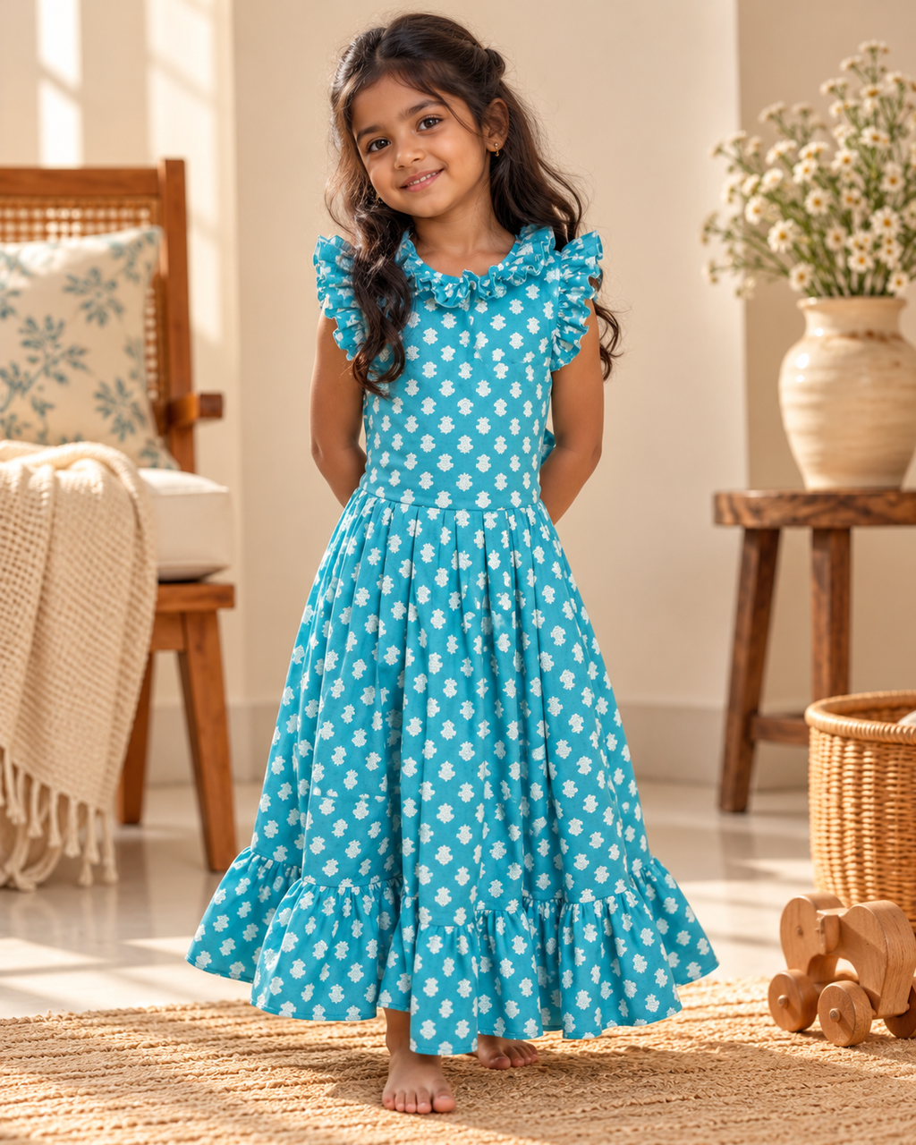Little Teal Floral Ruffle Dress