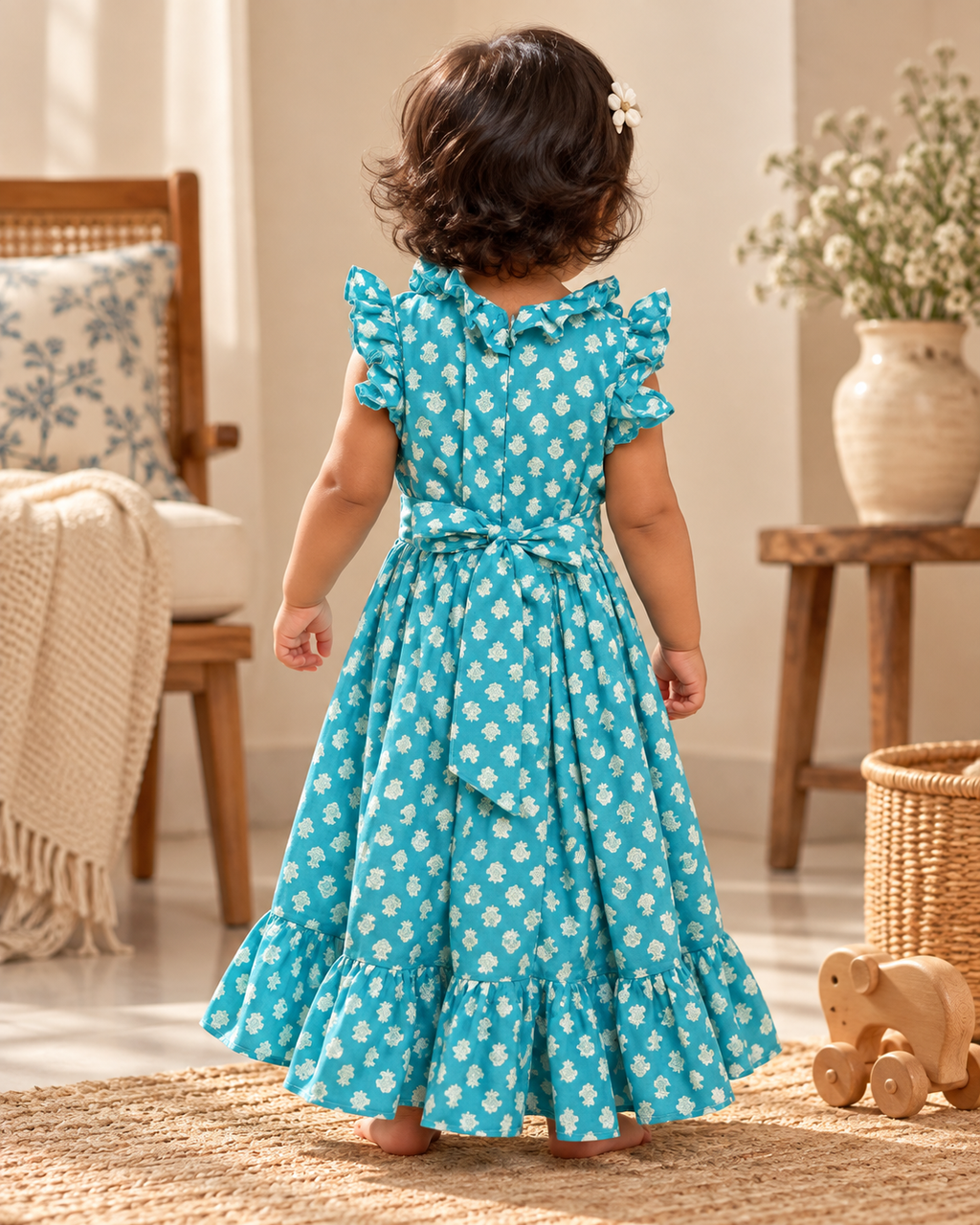 Little Teal Floral Ruffle Dress