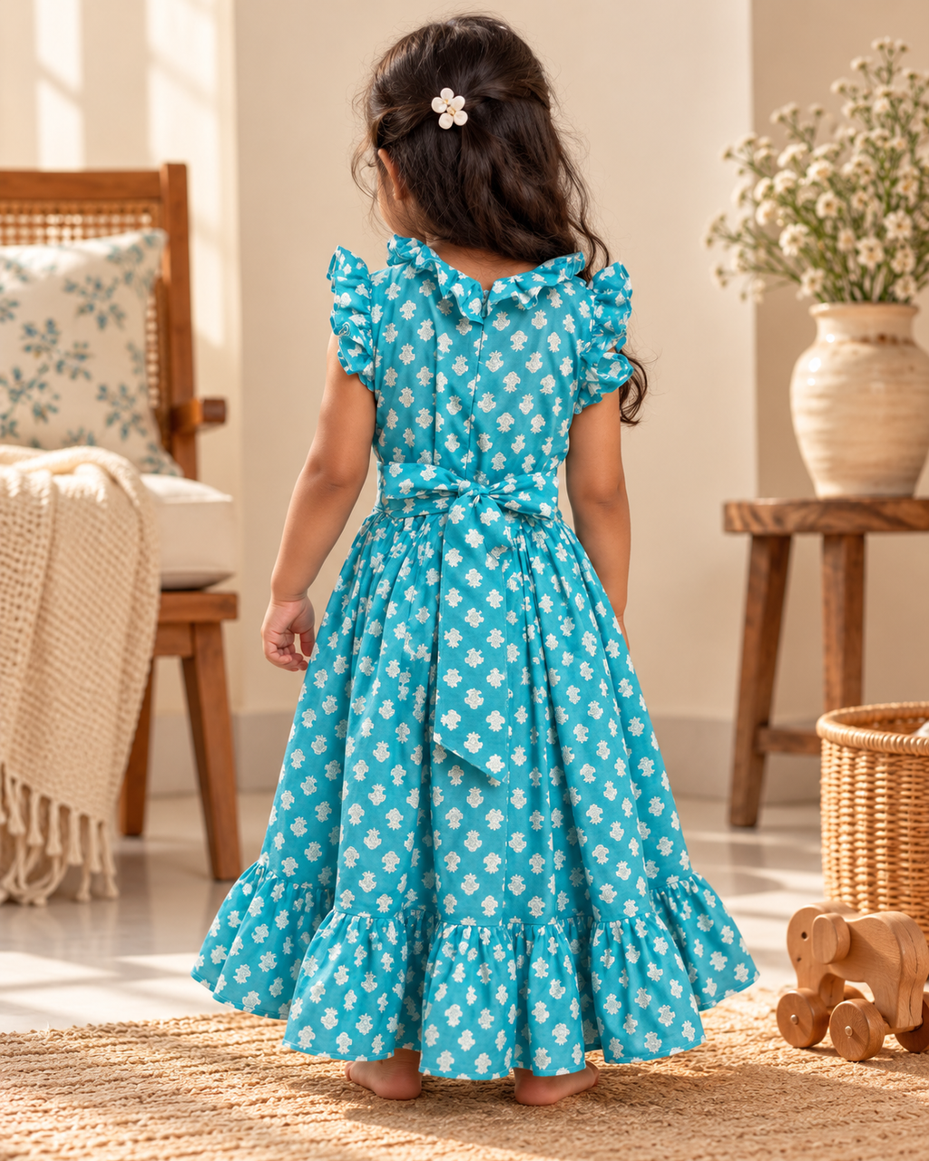 Little Teal Floral Ruffle Dress