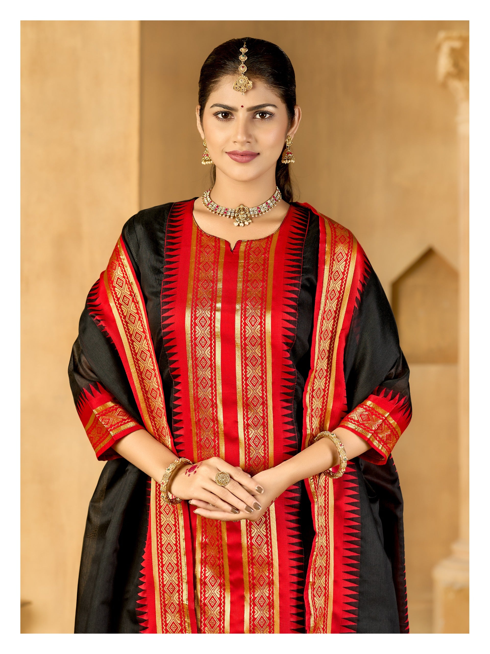 Black Regal Weaves Cotton Kurta with dupatta