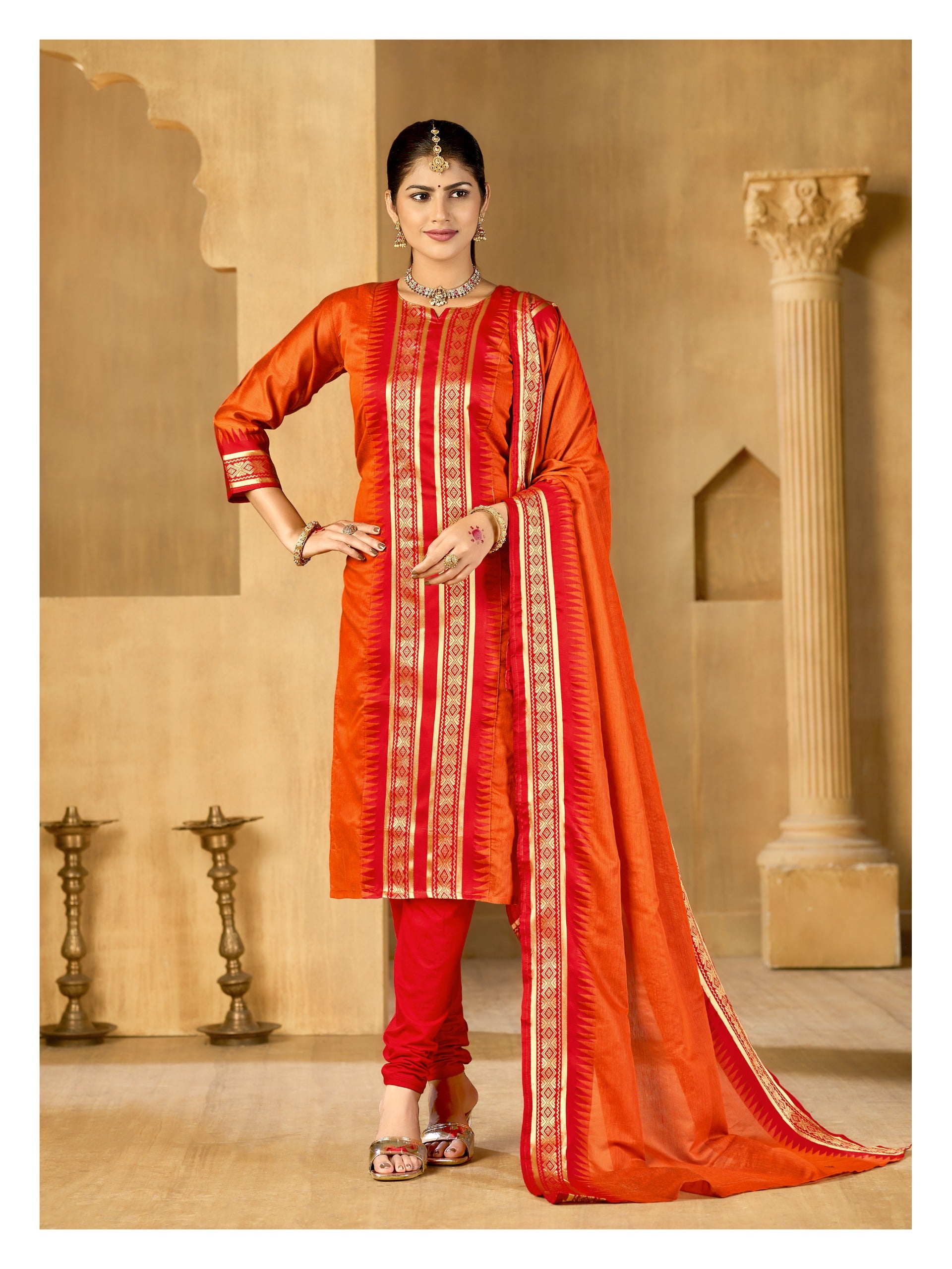 Orange Regal Weaves Cotton Kurta with dupatta
