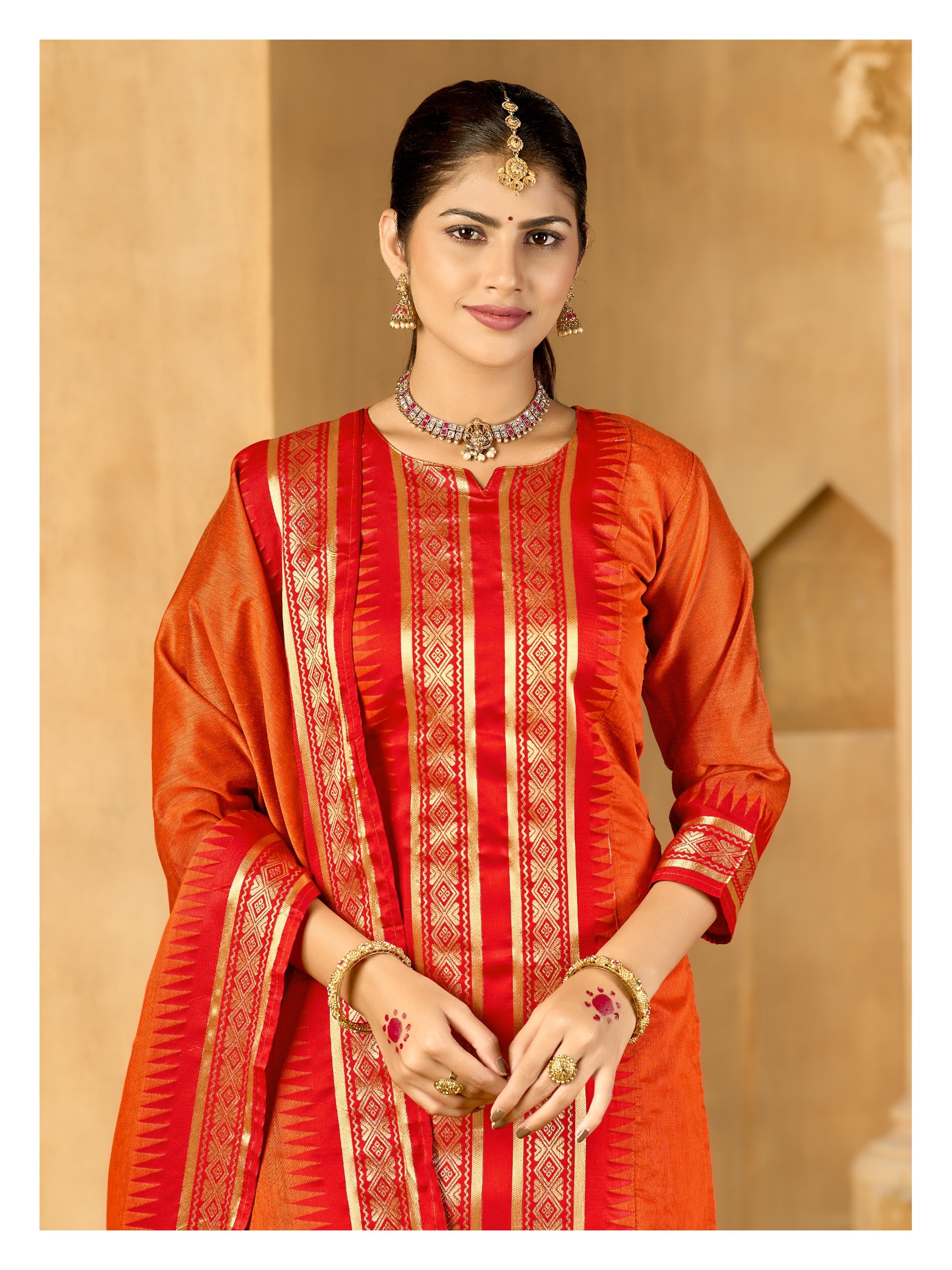 Orange Regal Weaves Cotton Kurta with dupatta