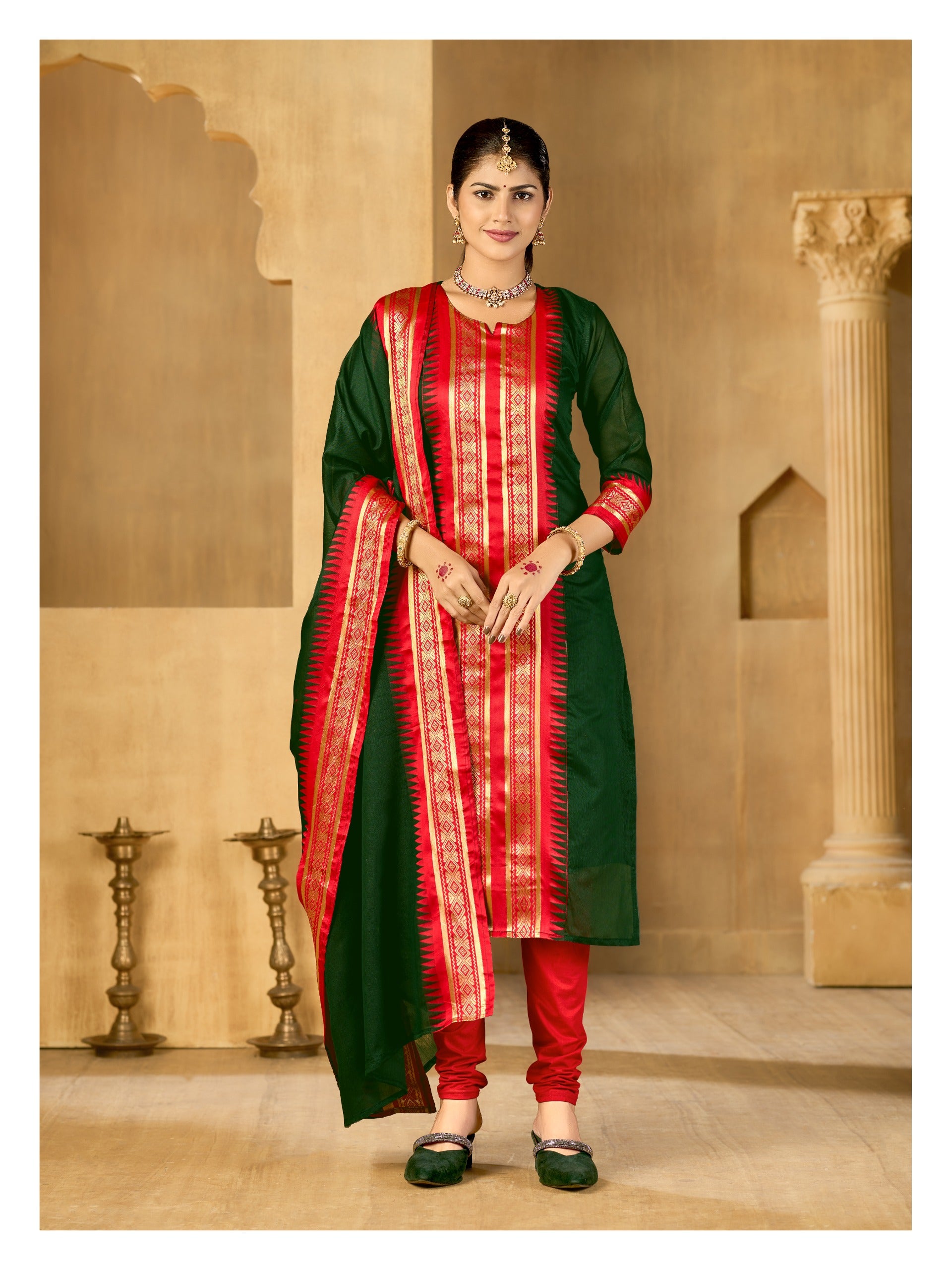 Dark Green Regal Weaves Cotton Kurta with dupatta