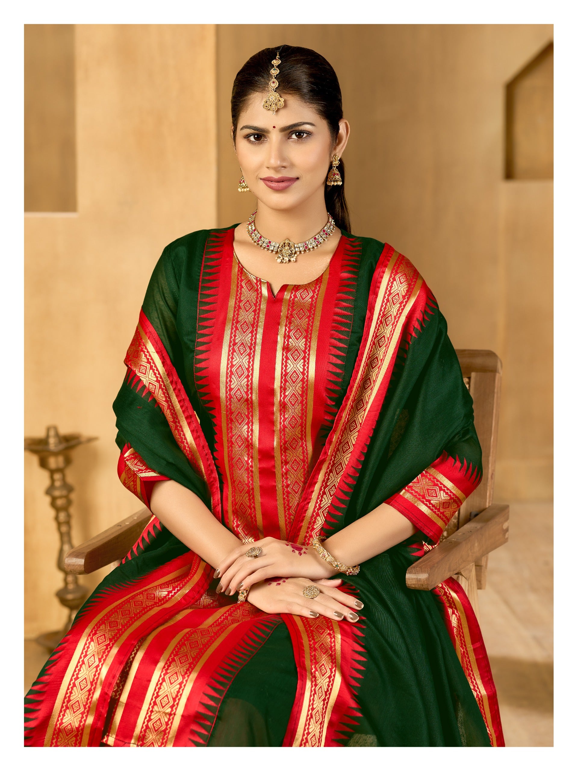 Dark Green Regal Weaves Cotton Kurta with dupatta