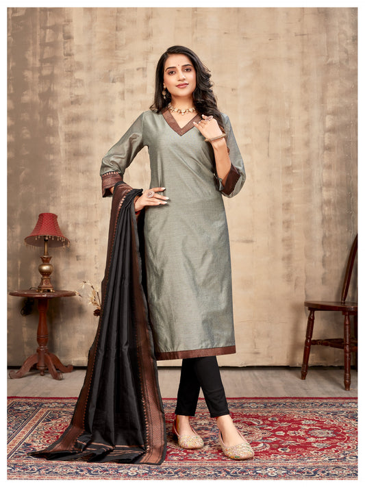 Grey & Zari border Ethnic Cotton Kurta with dupatta