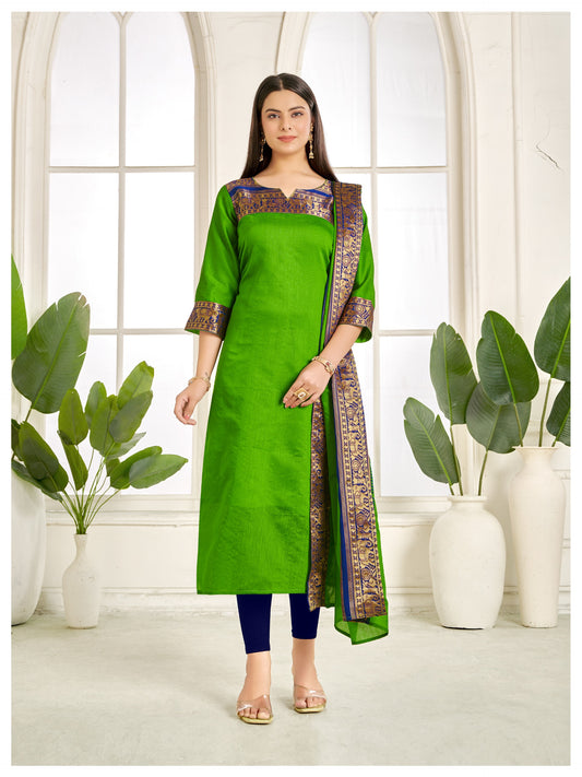 Green Ethnic Cotton Kurta with dupatta
