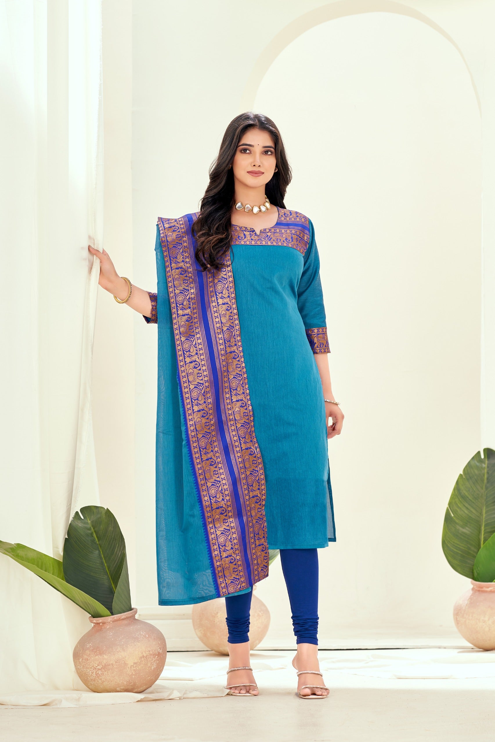Royal blue Ethnic Cotton Kurta with dupatta