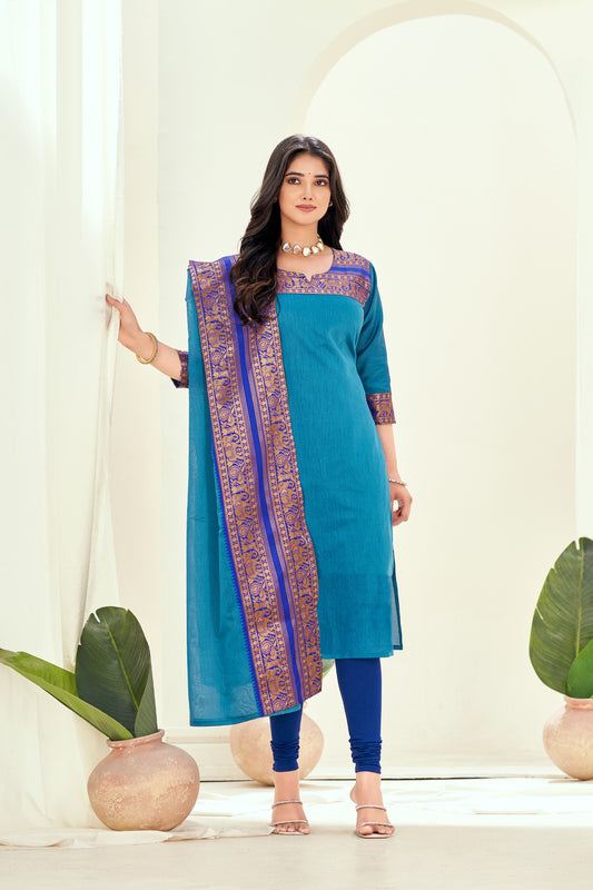 Royal blue Ethnic Cotton Kurta with dupatta