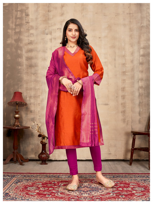 Orange & Zari border Ethnic Cotton Kurta with dupatta