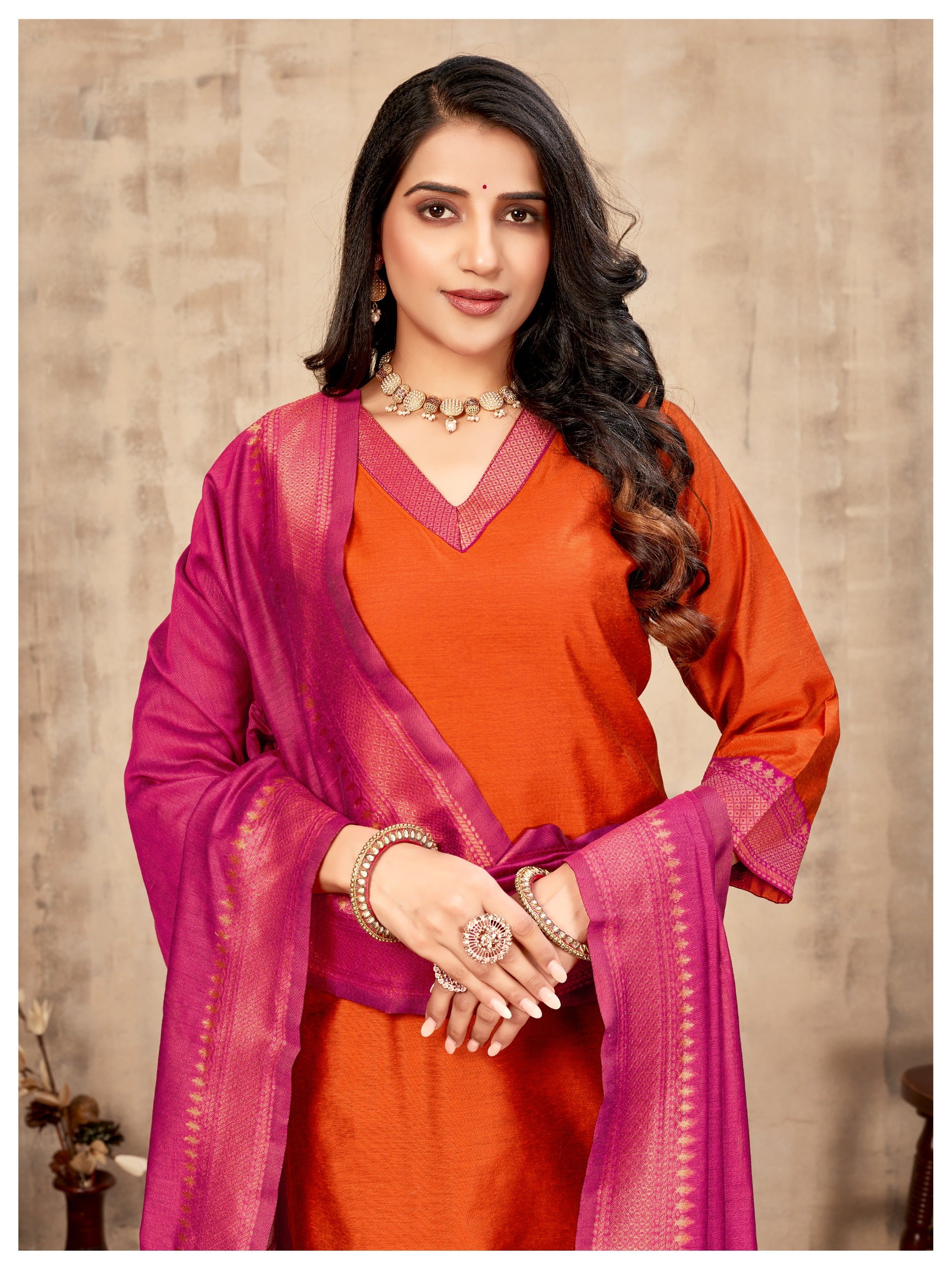 Orange & Zari border Ethnic Cotton Kurta with dupatta