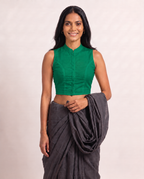 Emerald Green Sleeveless Front Open Classic Blouse photo 4