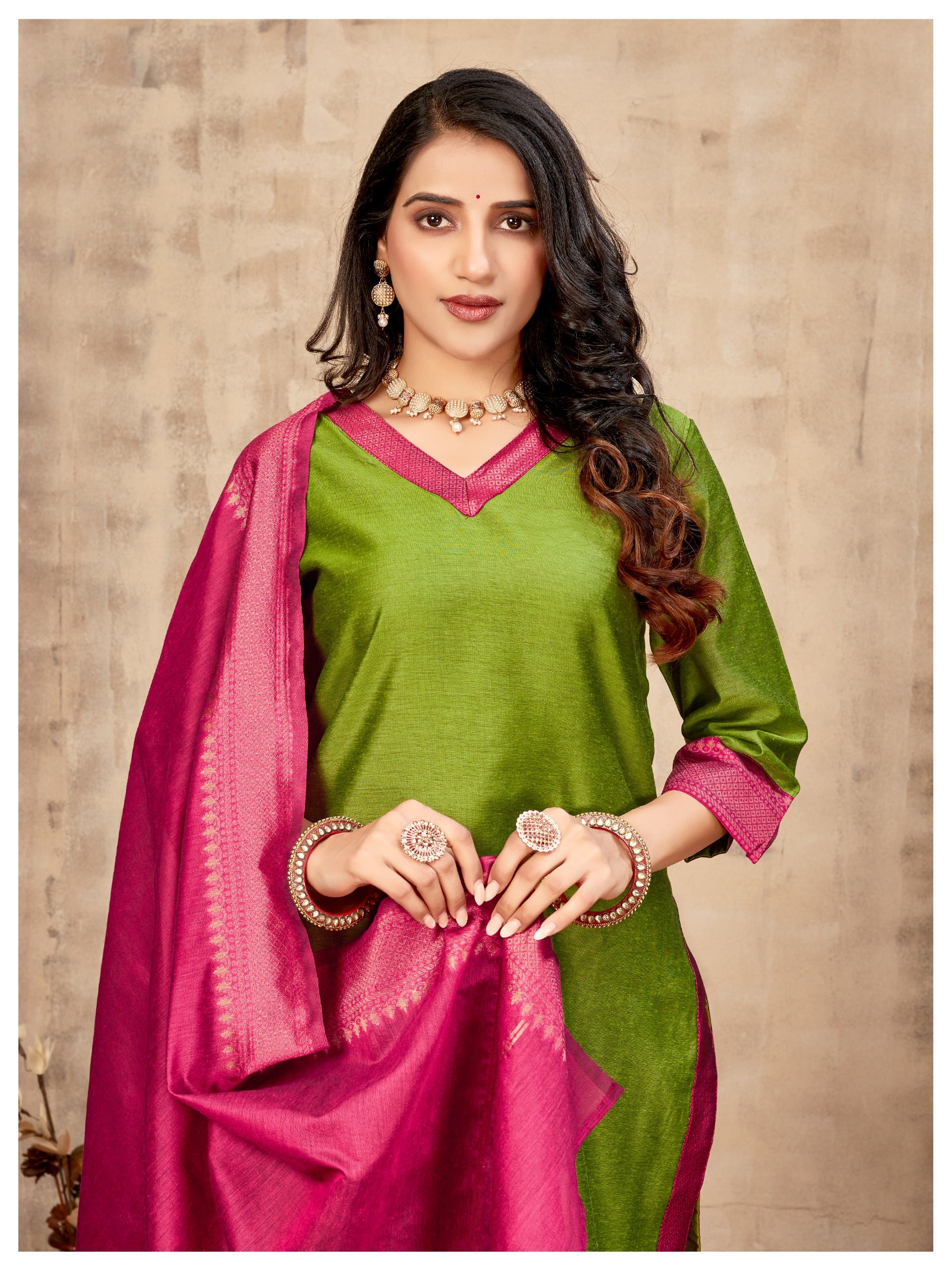 Green & Zari border Ethnic Cotton Kurta with dupatta