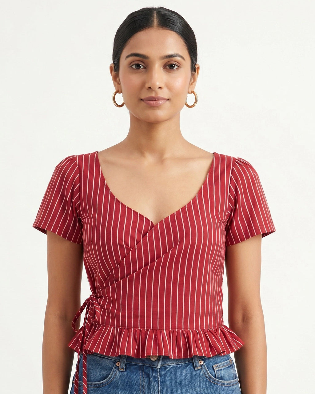 Crimson Pinstripe Wrap Duality Wear Top