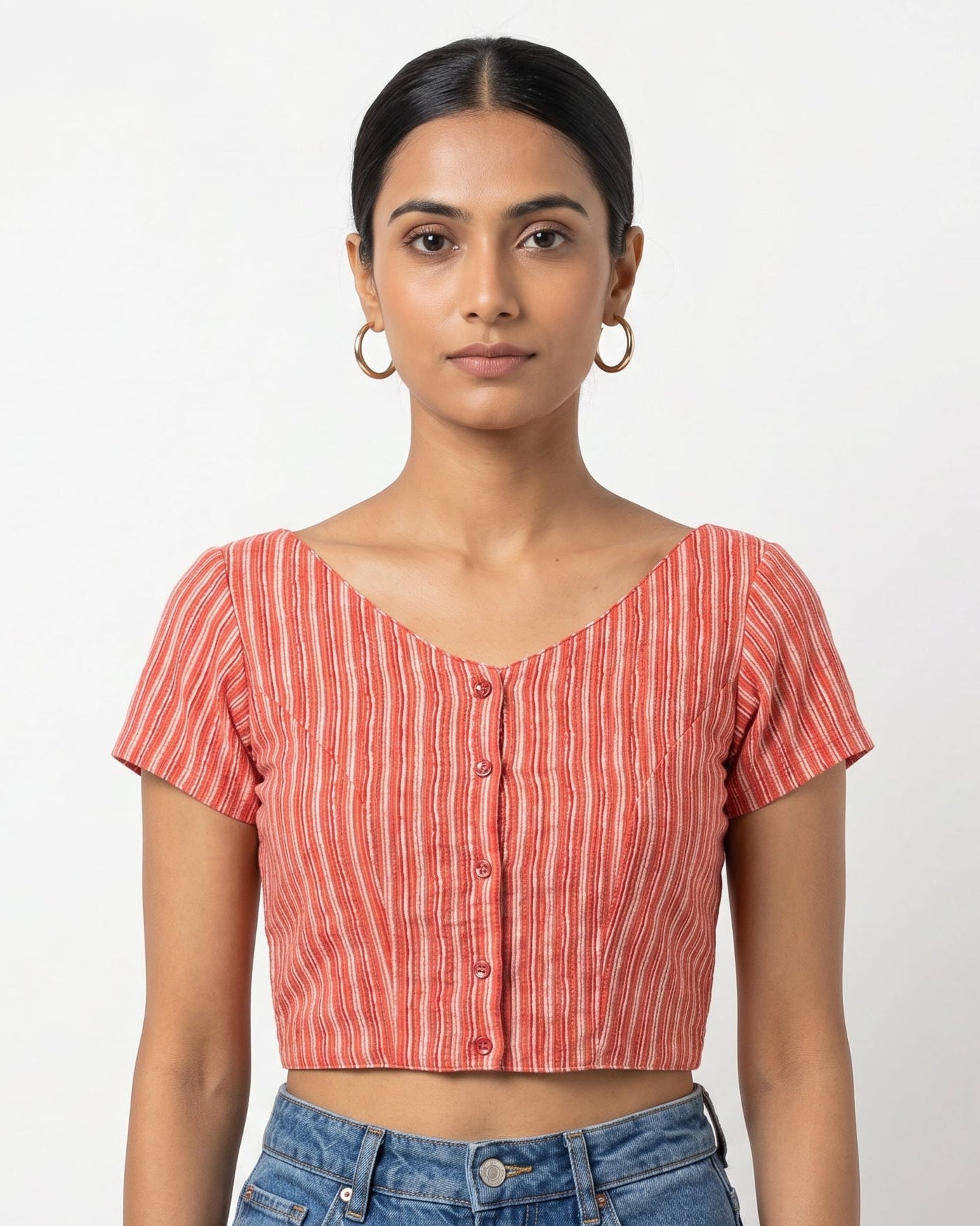 Coral Stripe Button-Up Blouse