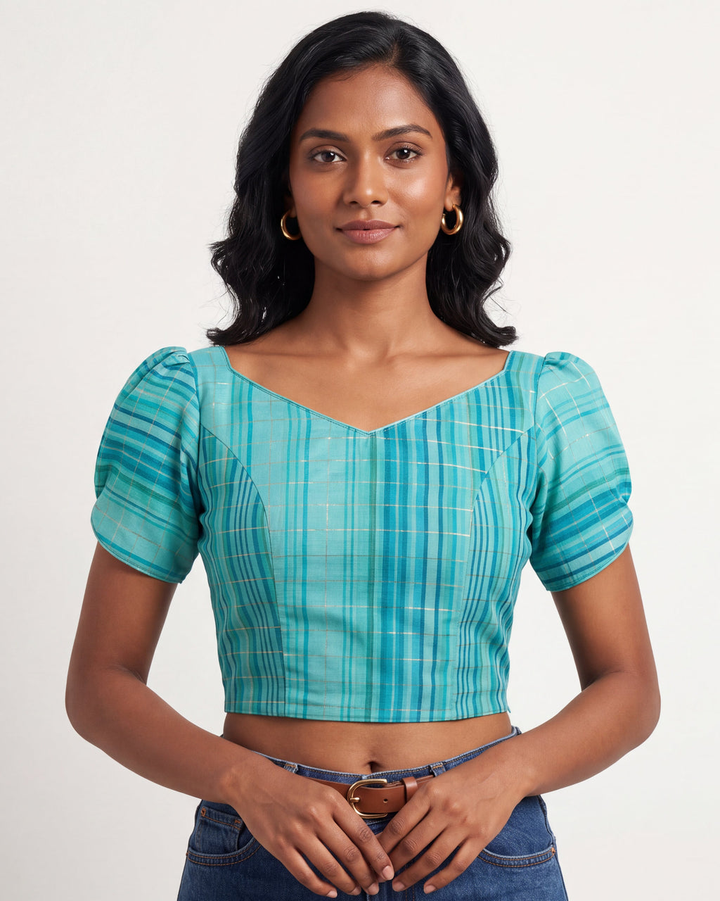 Aqua zari check festive saree blouse with puff sleeves and lace-up back