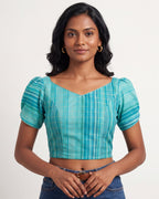 Aqua zari check festive saree blouse with puff sleeves and lace-up back
