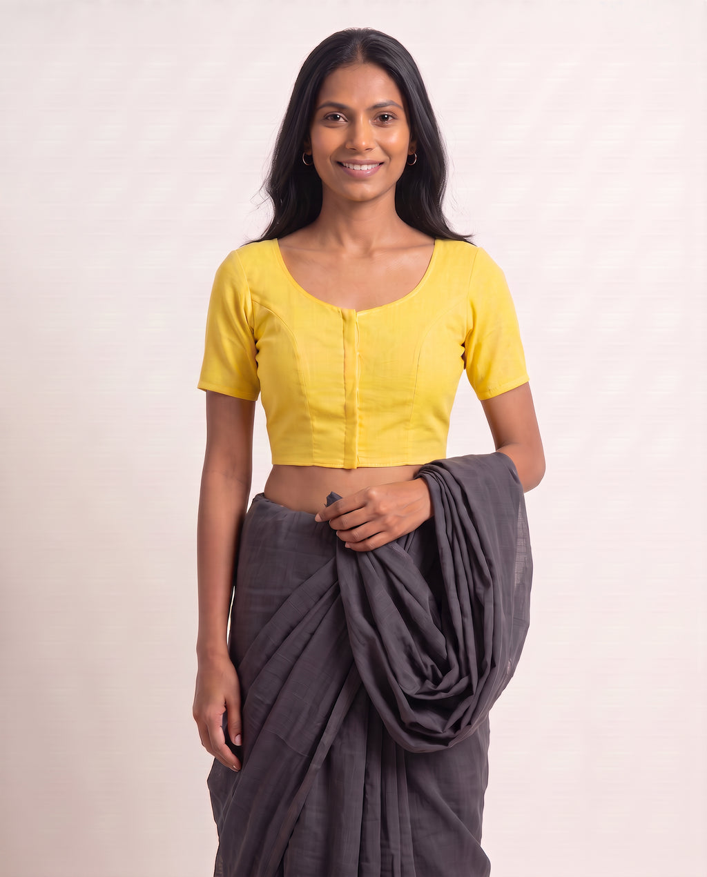 Sunshine yellow front-hook saree blouse in cotton with U-neck and princess seams